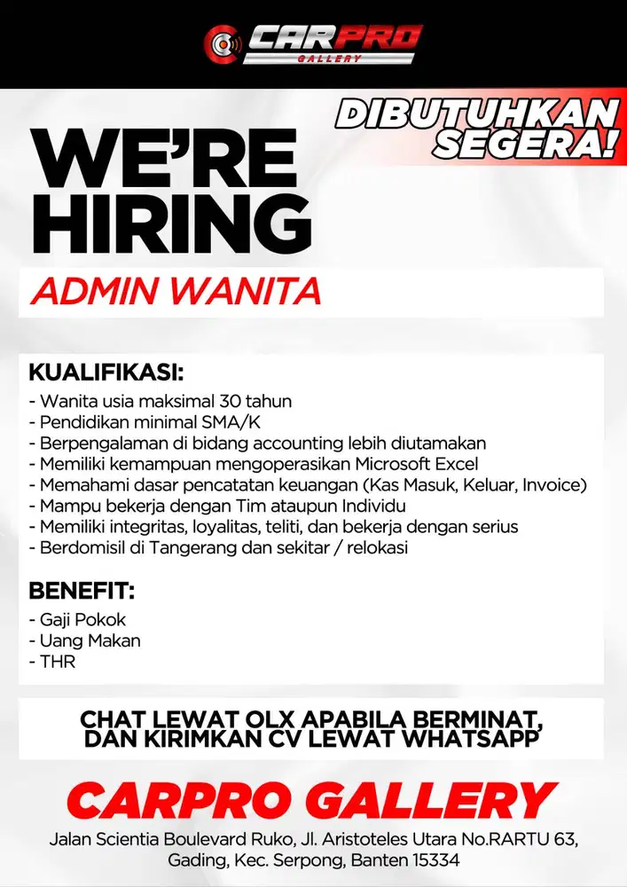 DUBUTUHKAN SEGERA ADMIN WANITA