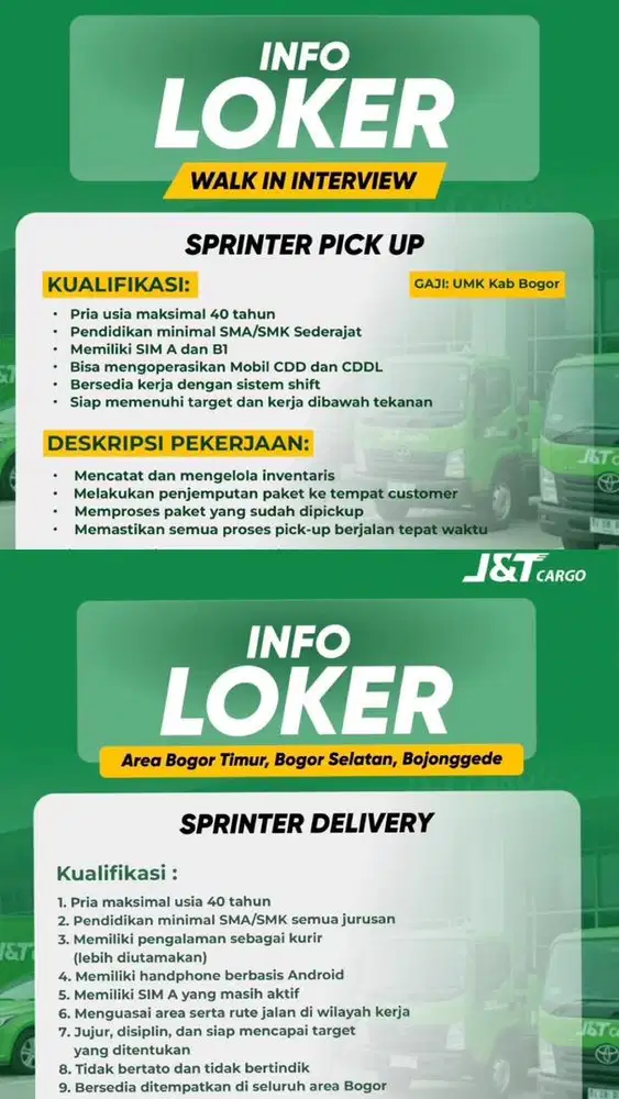DIBUTUHKAN SEGERA SPRINTER DELIVERY & PICKUP (KURIR)