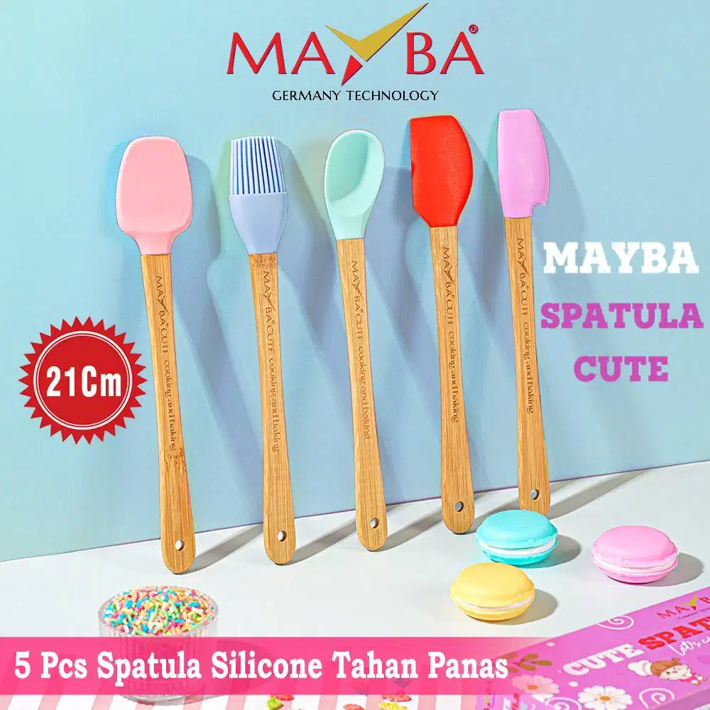 Set Spatula Silicone MAYBA Cute 5pcs Mini Kayu Baking Kuas Sendok Baru
