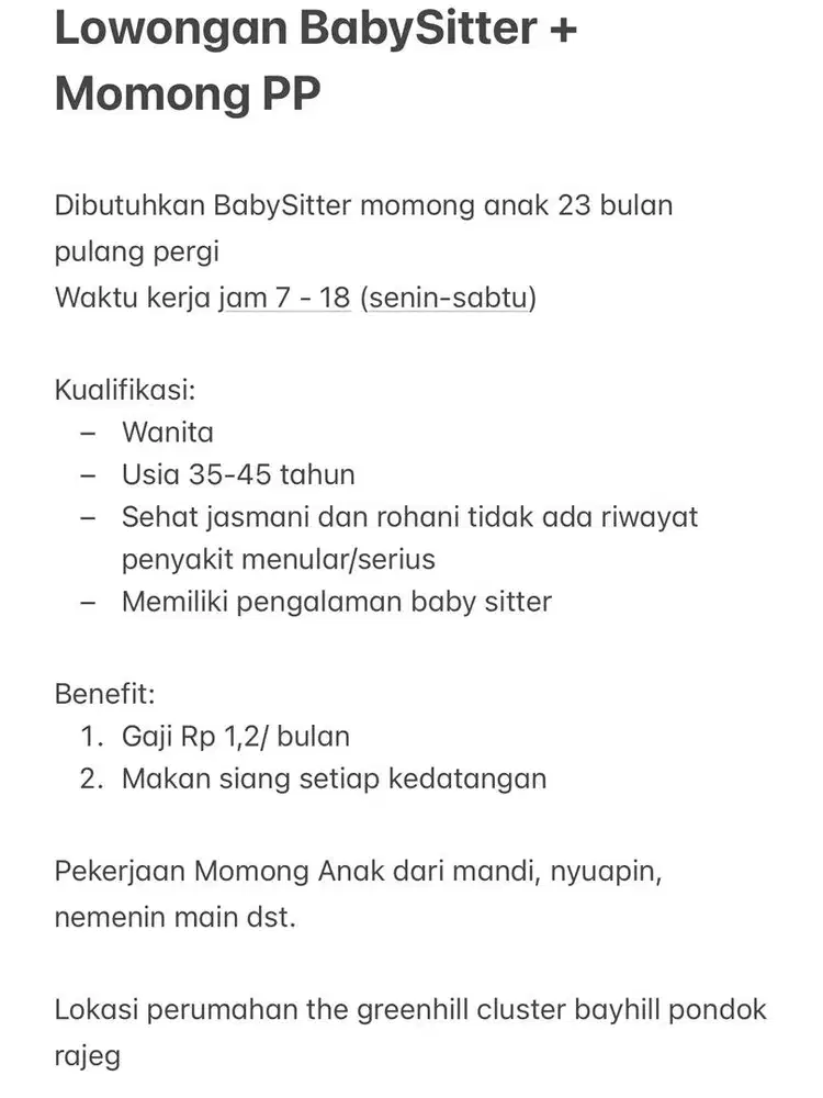Lowongan Baby Sitter Momong PP