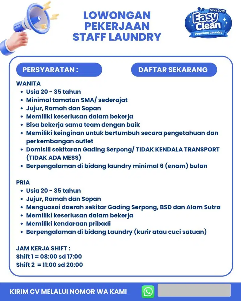 Lowongan Staff Laundry di Gading serpong