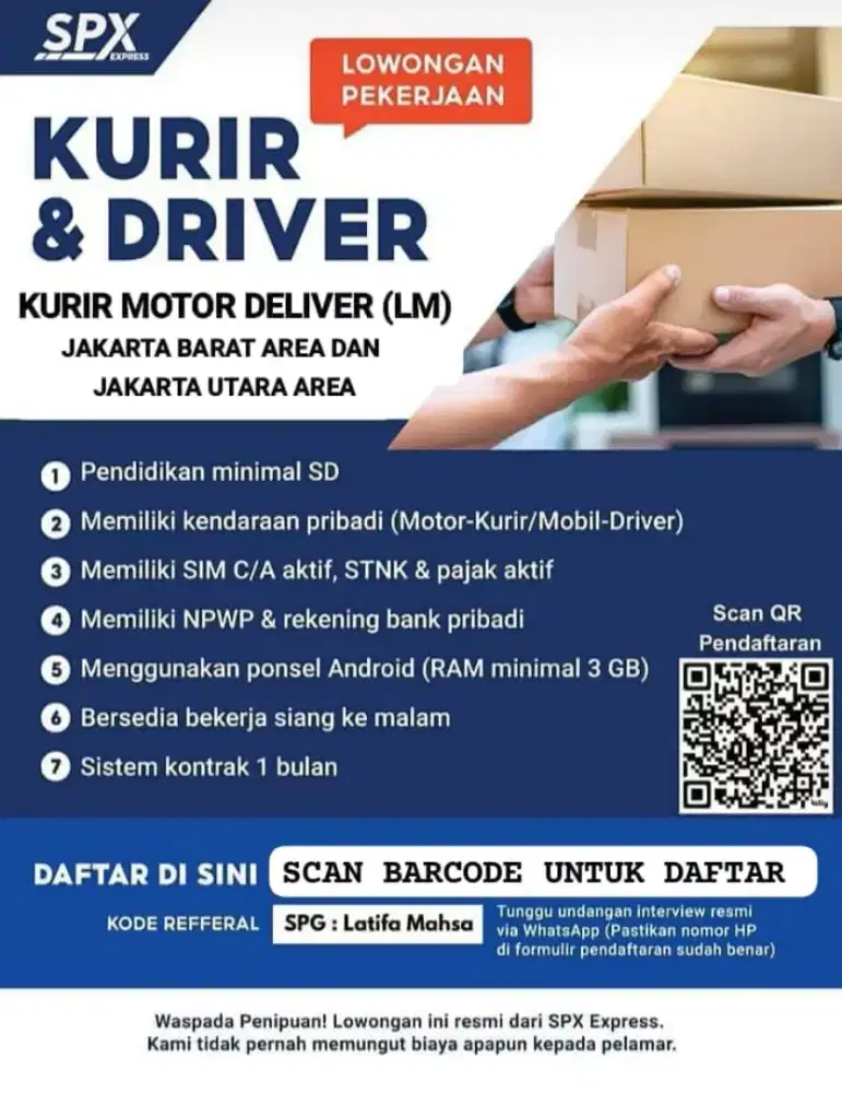 LOKER KURIR DELIVERY MOTOR SPX EXPRESS AREA JAKARTA