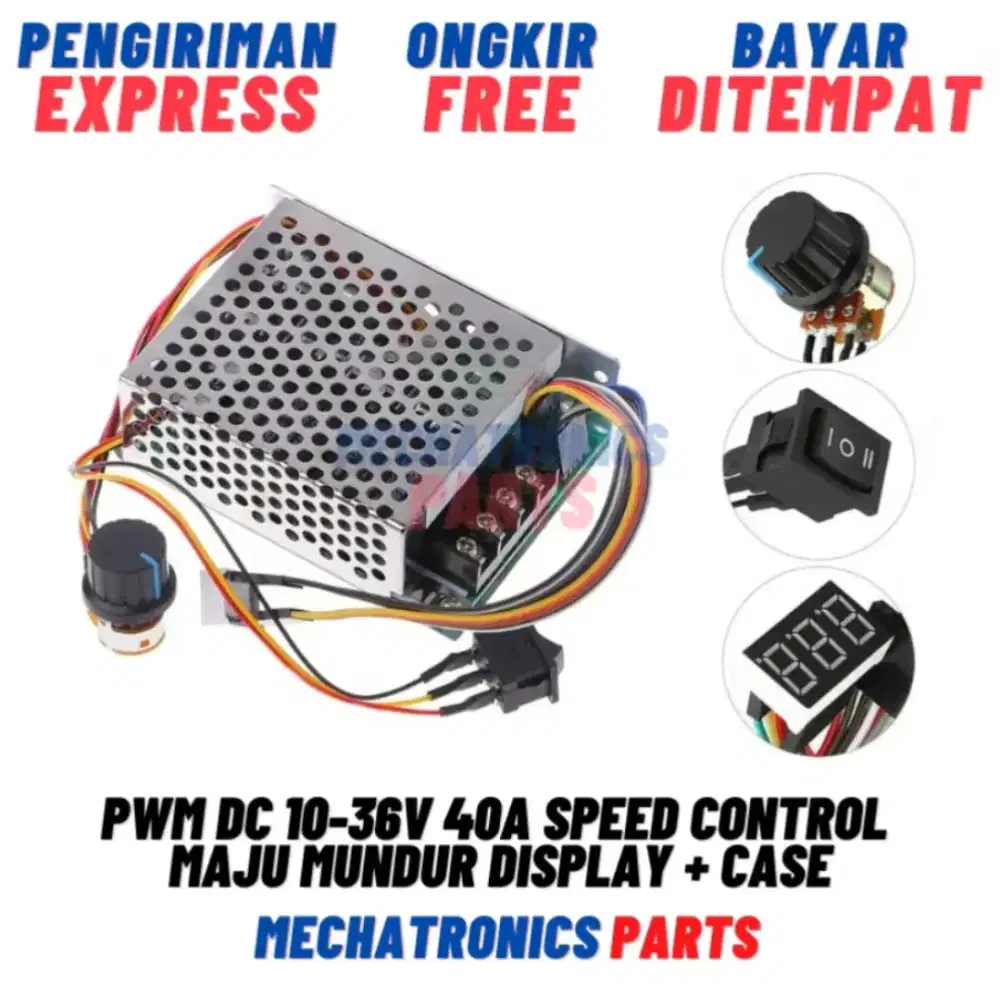 PWM DC 10V-36V 40A, Speed Control Maju-Mundur, Display + Case