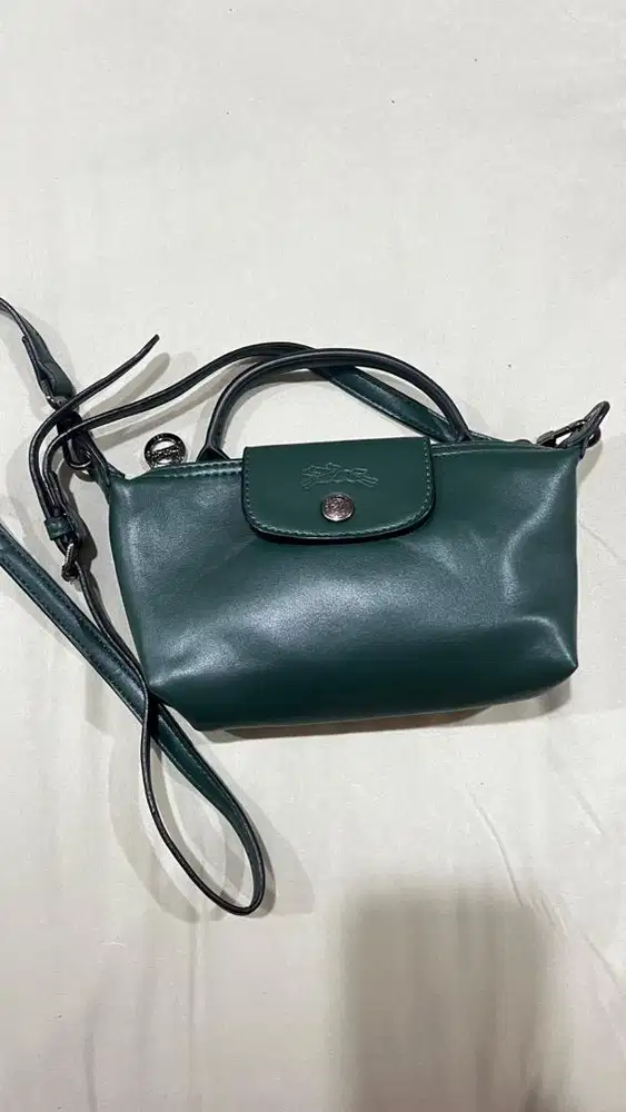 Tas longchamp XS le pliage green leather 100% like new