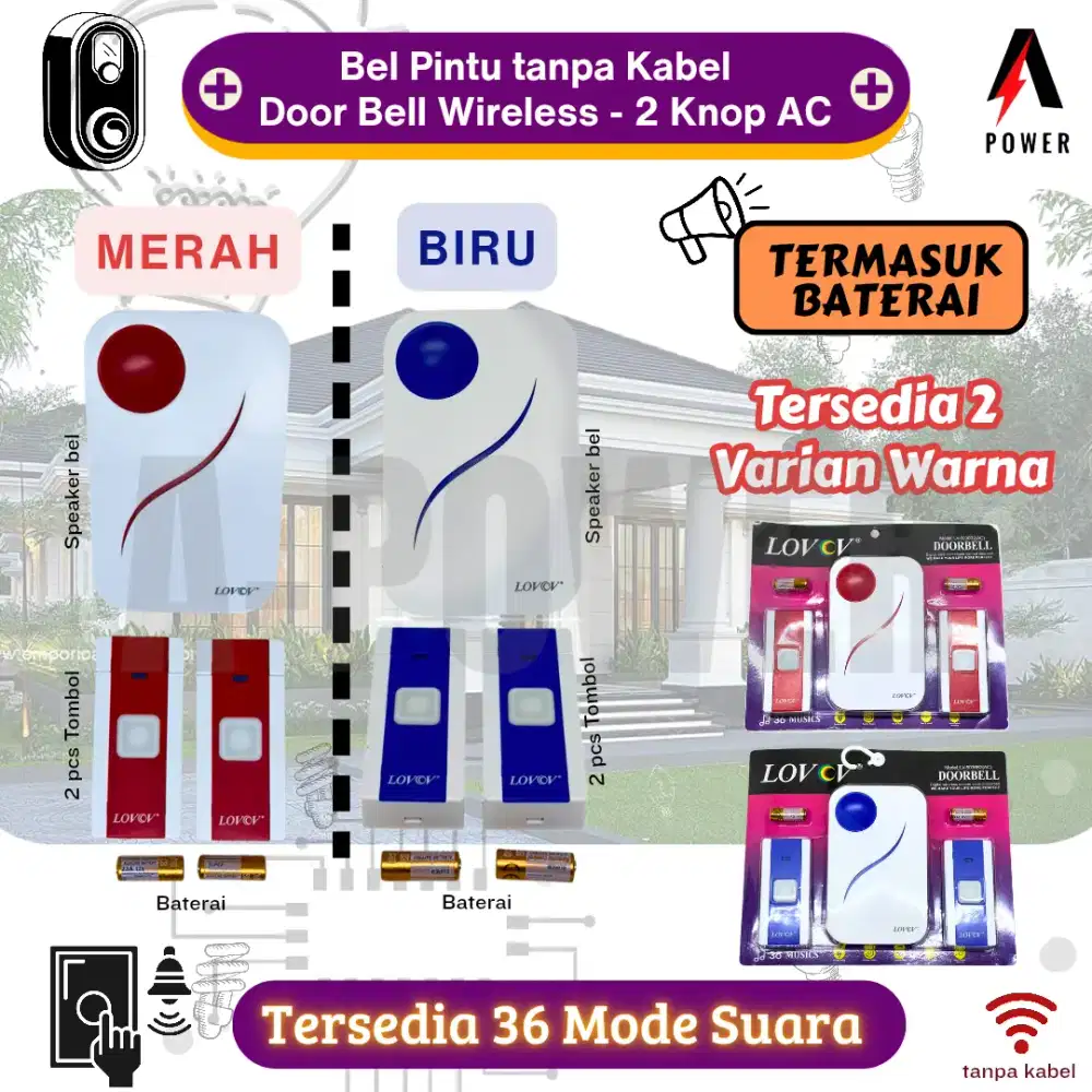 Wireless Door Bell / Bel Pintu tanpa Kabel AC - 2 Tombol Knob | 5036B2