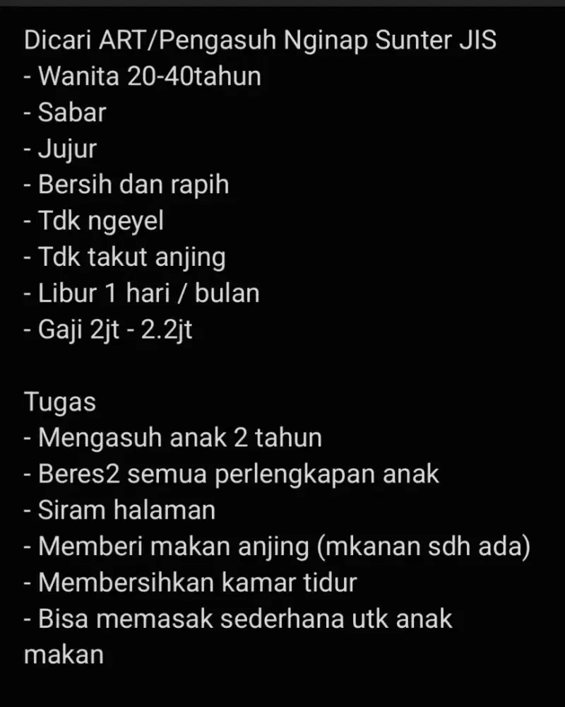 Lowongan ART / PENGASUH NGINAP SUNTER JIS