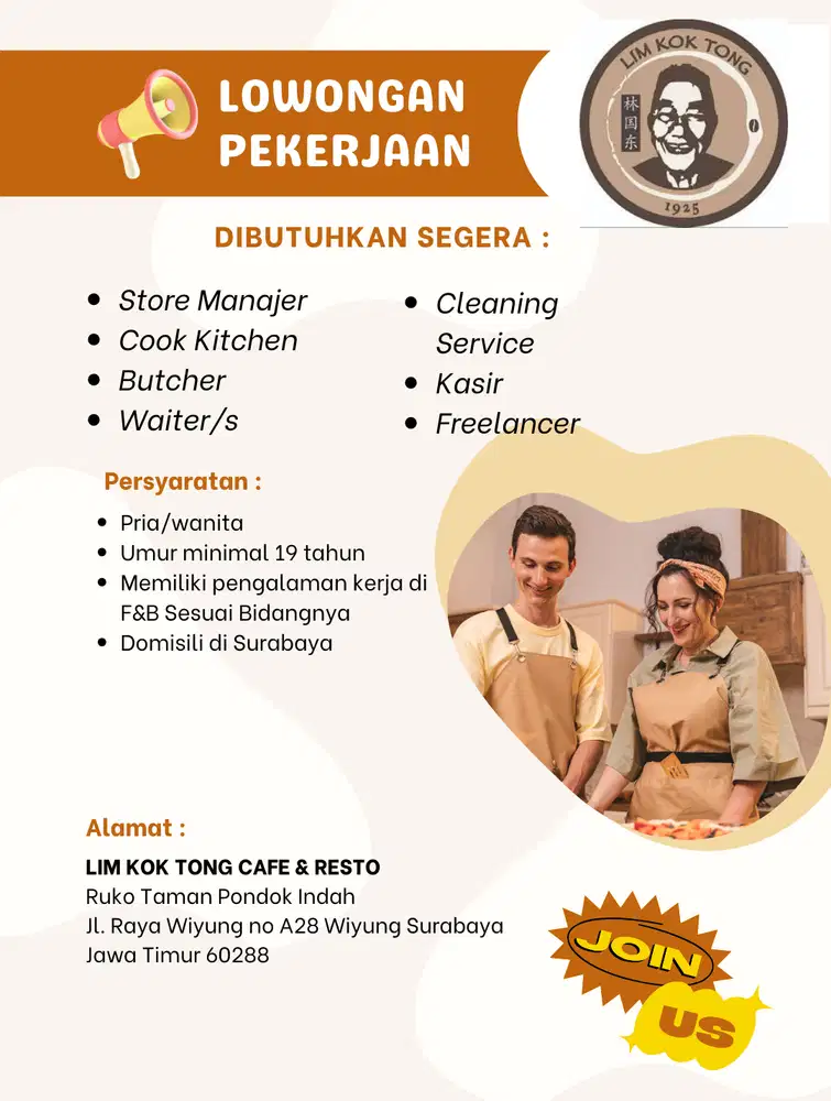 Lowongan Kerja F&B Crew/Cook/Kasir/Cleaning Srevice/ Freelance