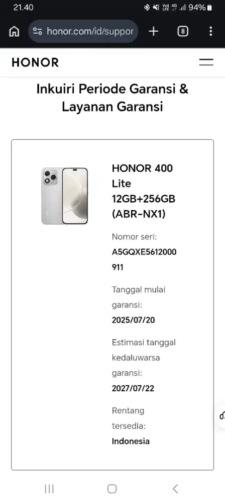 Huawei Honor 400 Lite 5G bru pke 3bln mulus nominusss FullOriginal