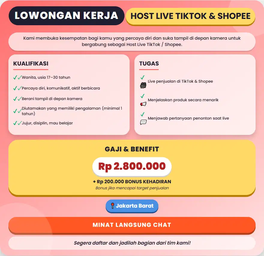 DICARI HOSTLIVE&KONTEN, ADMIN PERGUDANGAN