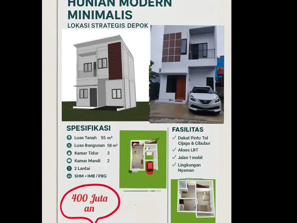 Rumah Baru Mulai 450 Juta-Bisa KPR DP Mulai 20 Juta-Akses Mobil Dekat Gerbang Tol Cisalak Depok