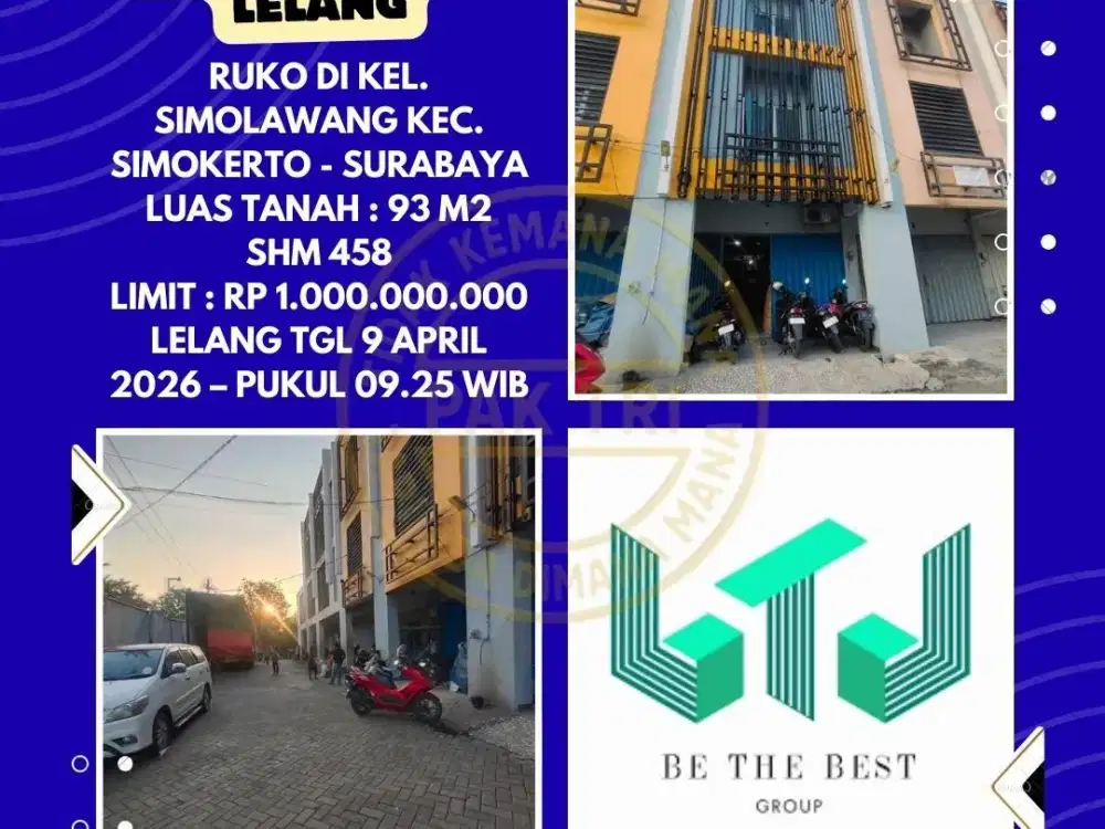 DIJUAL RUKO VIA LELANG DI SIMOKERTO SURABAYA (KEL. SIMOLAWANG) – LELANG KPKNL