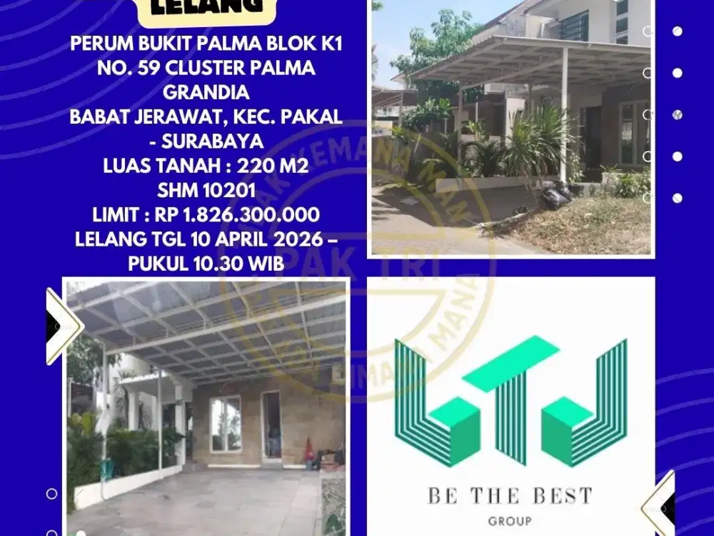 DIJUAL RUMAH VIA LELANG DI PAKAL SURABAYA (PERUM BUKIT PALMA CLUSTER GRANDIA) – LELANG KPKNL