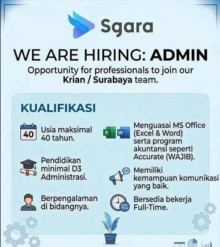Lowongan Kerja Admin Sgara Surabaya