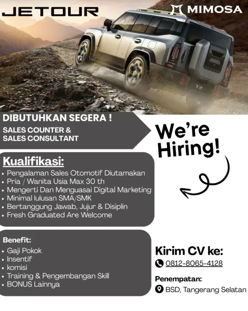 Di butuhkan sales dan sales consultan mobil merk Jetour