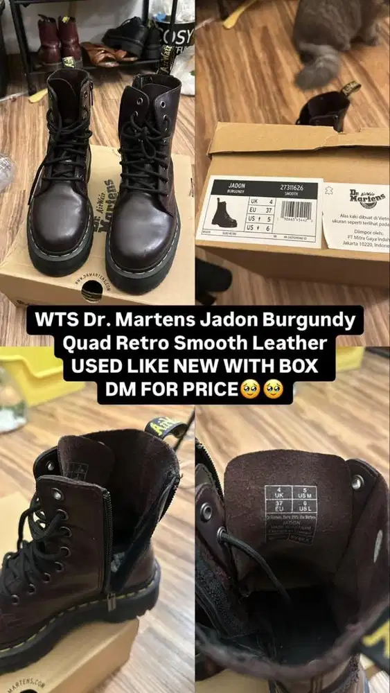 Sepatu Dr. Martens Jadon Burgundy Quad Retro Smooth Leather Size 37