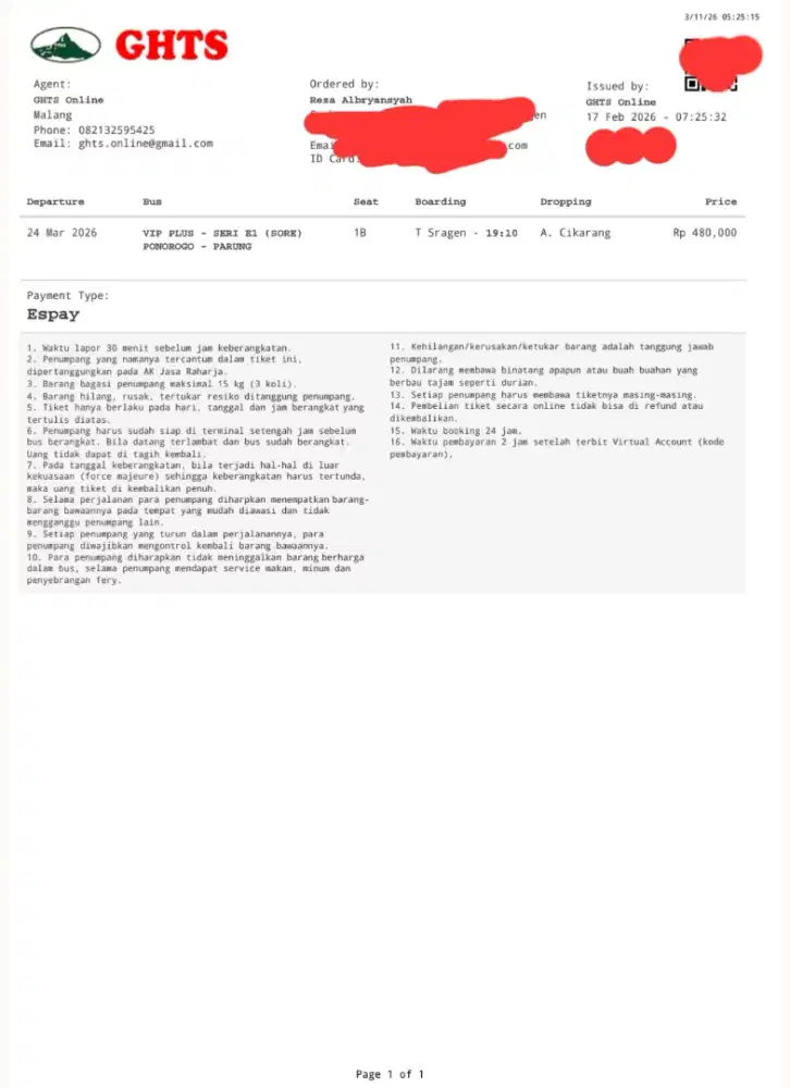 Tiket bis GHTS 24 maret 2026 tujuan cikarang
