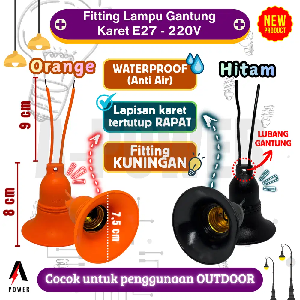 Fitting Lampu Gantung Karet Anti Air Waterproof E27 (Orange / Hitam)