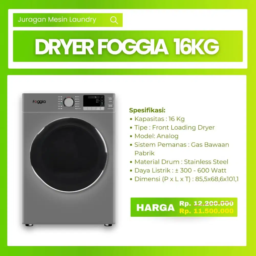 Dryer Laundry (Merk Foggia Kapasitas 16kg)