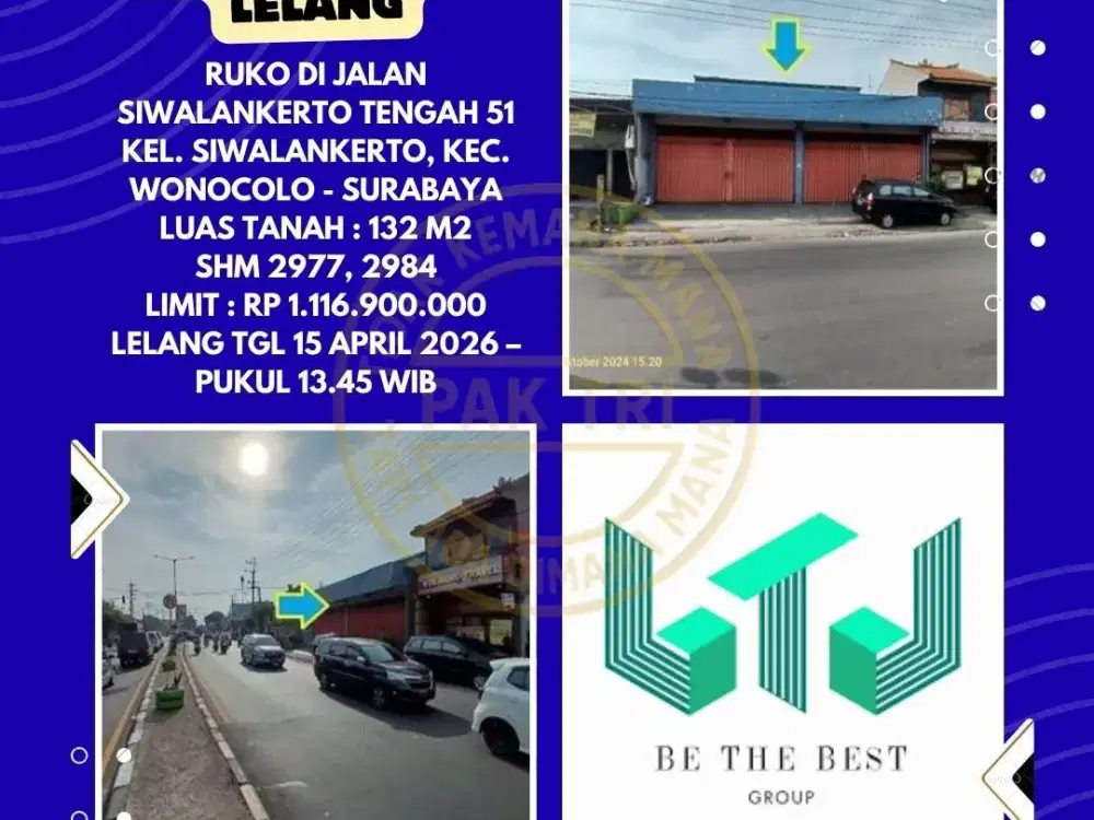 DIJUAL RUKO VIA LELANG DI JALAN SIWALANKERTO TENGAH WONOCOLO SURABAYA – LELANG KPKNL