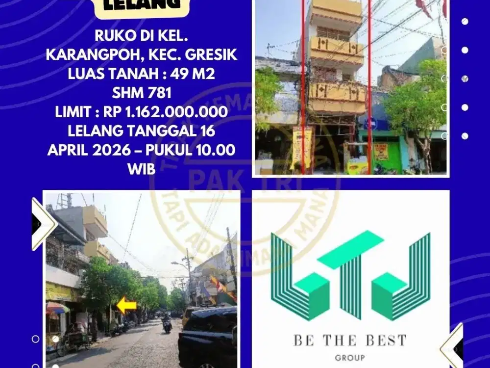 DIJUAL RUKO VIA LELANG DI KEL. KARANGPOH, KEC. GRESIK – LELANG KPKNL