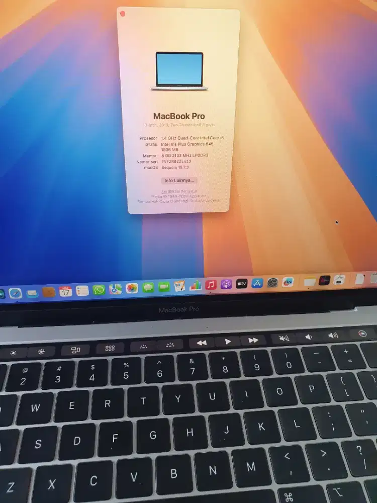 Macbook Pro touchbar 13inc 2019 ram8/ssd256mulus fullhseet ex ibox