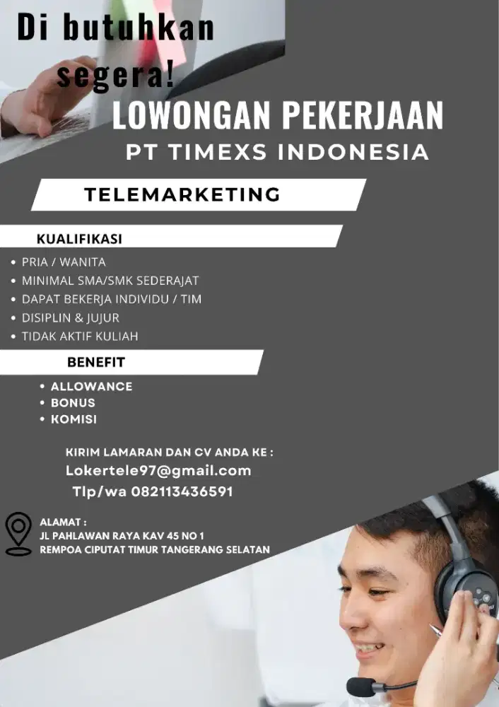 Di Butuhkan Secepatnya Loker Telemarketing