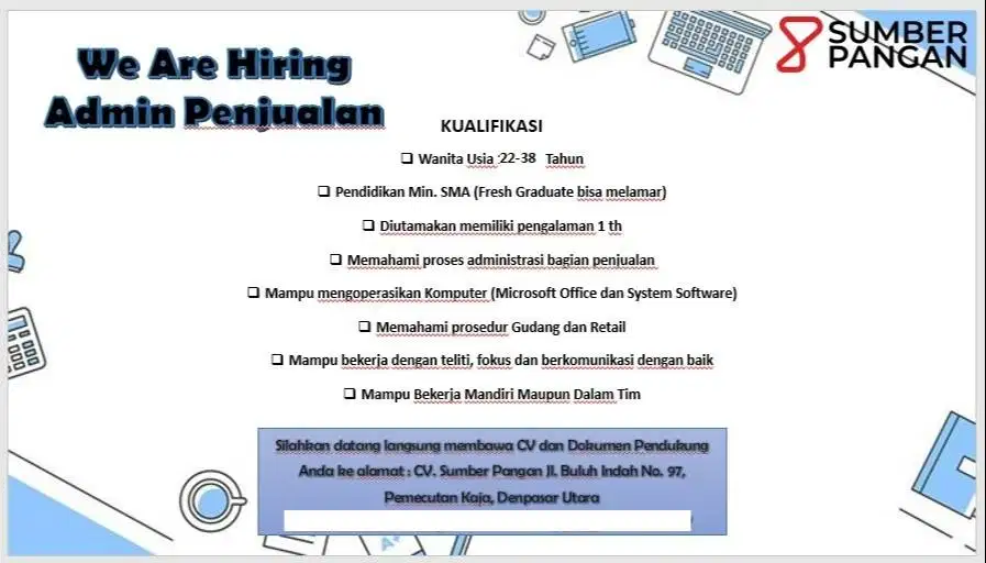 MEMBUKA LOWONGAN ADMIN PENJUALAN CV SUMBER PANGAN