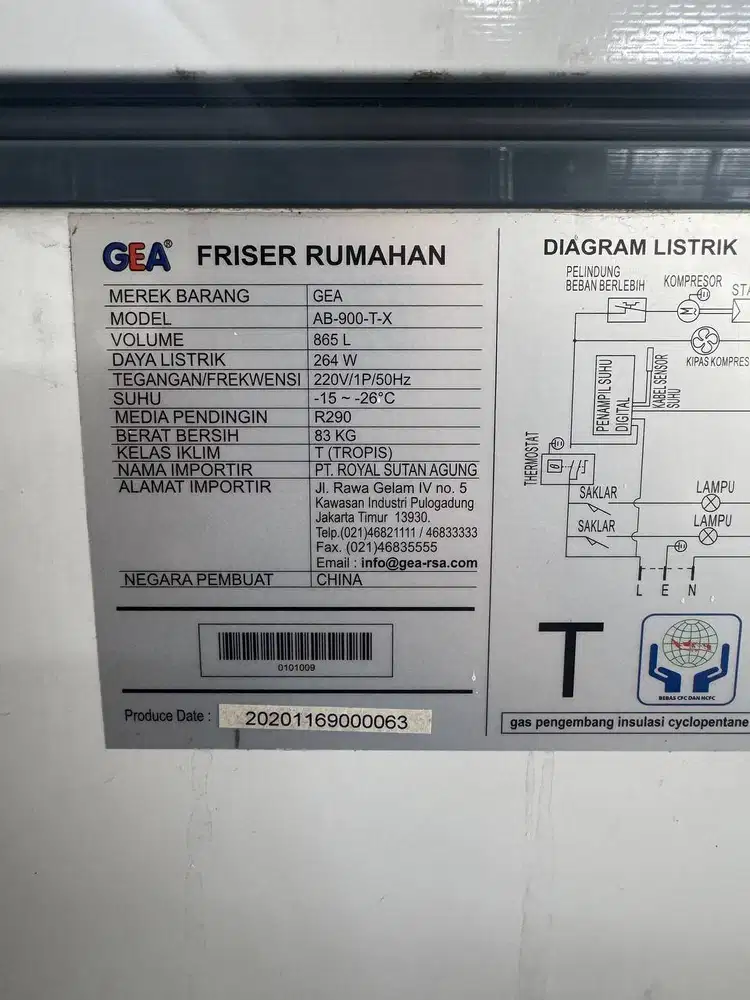 Jual frezzer 2pintu merek GEA AB 1200 T X  volume 1050 ltr