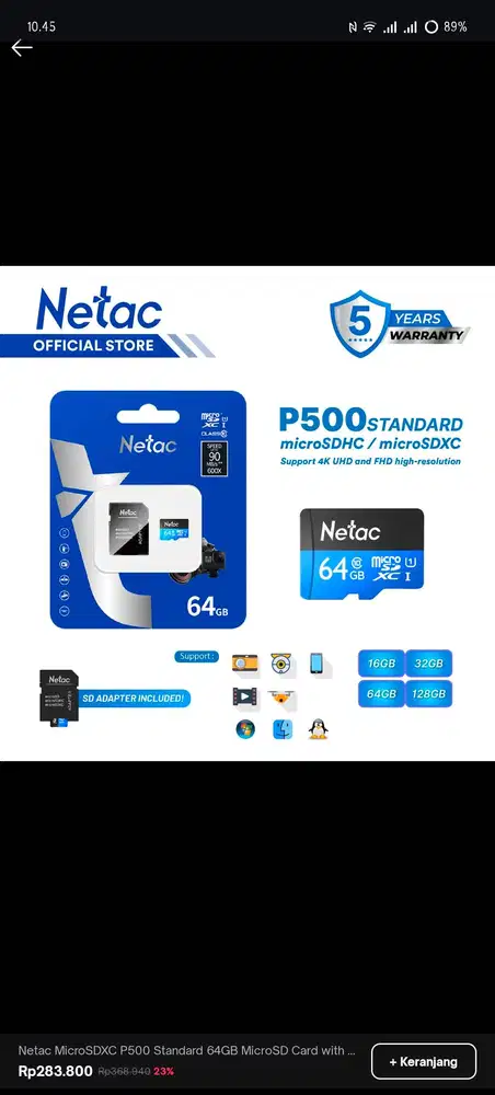 Netac P500 Standard MicroSDHC/SDXC 64GB U1/C10 with SD Adapter up to 9