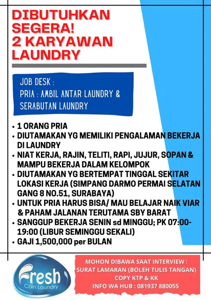 LOWONGAN KERJA PRIA UNTUK DI LAUNDRY