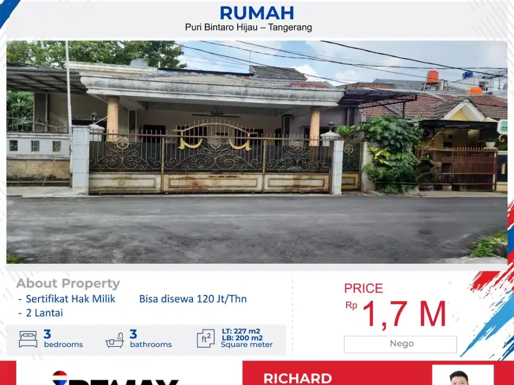 Dijual Rumah 2 Lantai SHM Dipuri Bintaro Hijau Tangerang