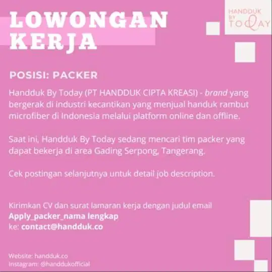 Lowongan Kerja Posisi PACKER [Handduk By Today]