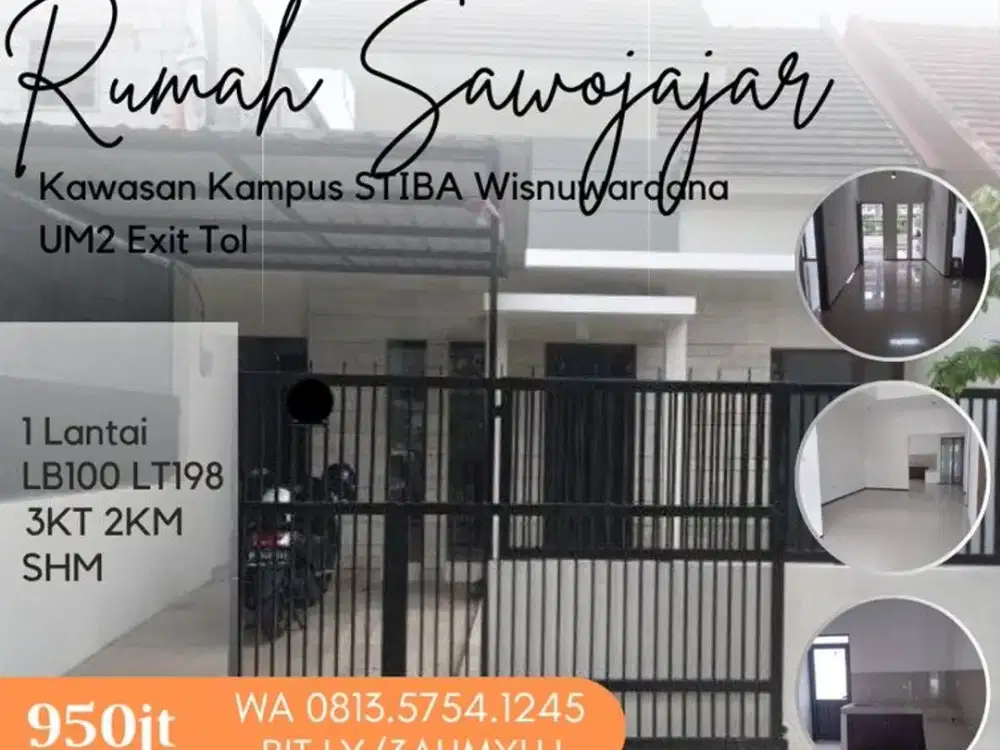 Rumah dijual di sawojajar STIBA Wisnuwadhana UM2 ExitTol Lt200 3KT 950jt