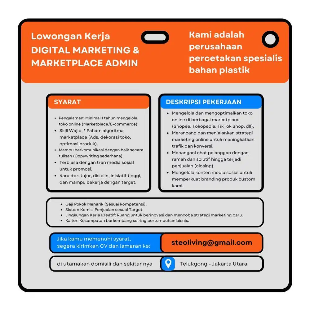 LOWONGAN KERJA: DIGITAL MARKETING / MARKETPLACE ADMIN