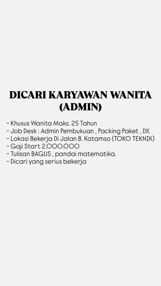 DICARI KARYAWAN TOKO WANITA