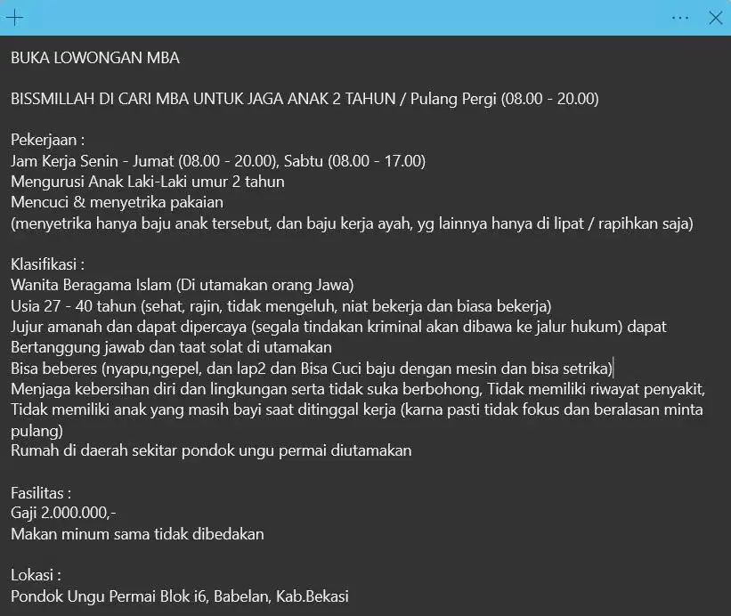 Dicari ART / Mba di Babelan