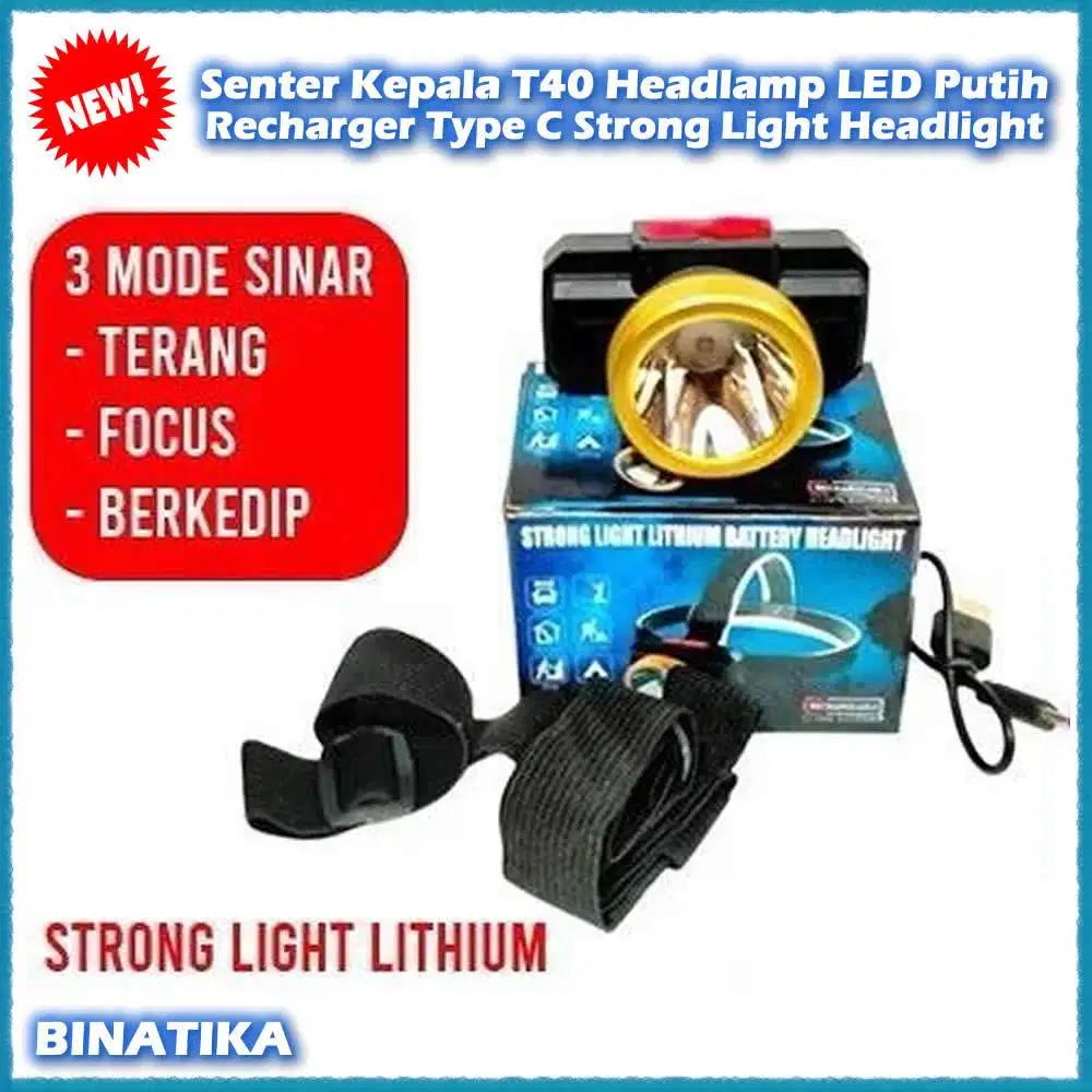 Senter Kepala T40 Headlamp LED Putih Recharger Type C Strong Light Hea