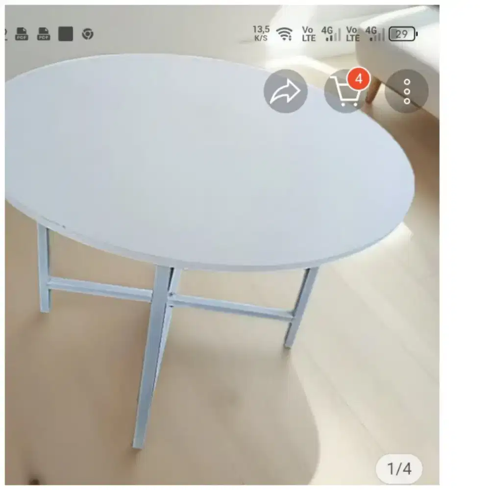 Meja makan kaca bulat, tebal ada kakinya 2 buah besi alumunium tebal,