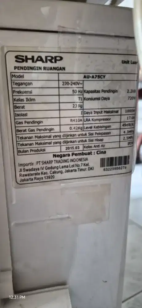 Di jual cepet AC sharp 3/4 PK