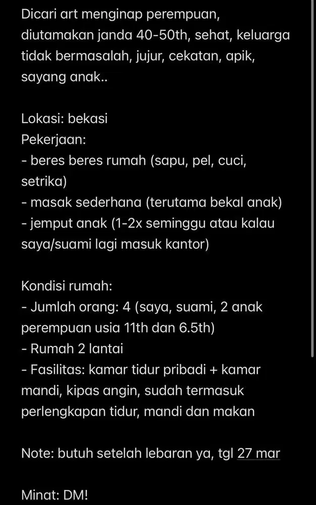 Dicari ART menginap setelah lebaran!