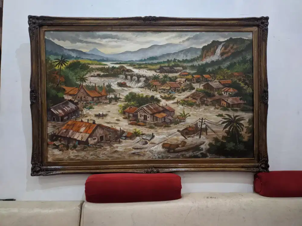Lukisan kanvas banjir Sumatra ukuran 135×90 cm