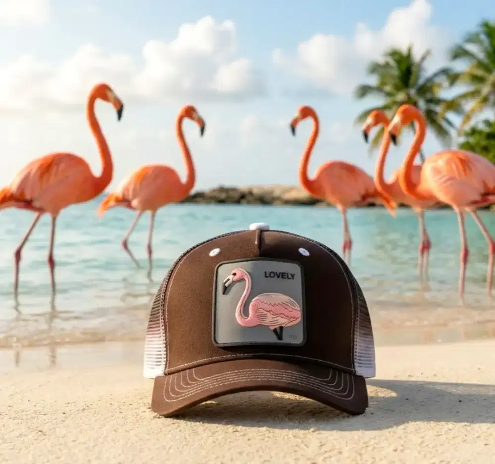 Topi Trucker Vintage Logo Burung Flamingo Original Second Warna Coklat