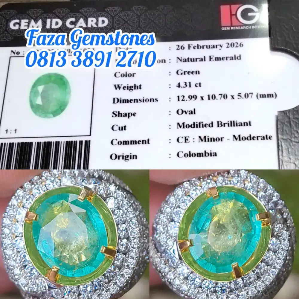 Emerald Zamrud Colombia, 4.31 ct, Full Kaca & Christal, Meja Lebar