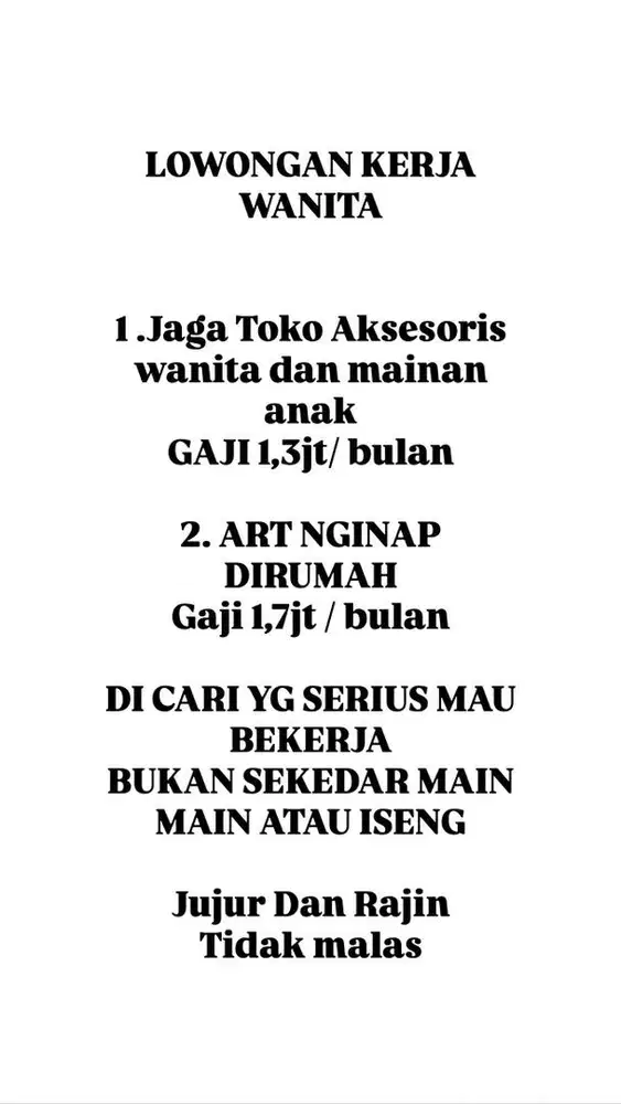 LOWONGAN KERJA WANITA JAGA TOKO DAN ART