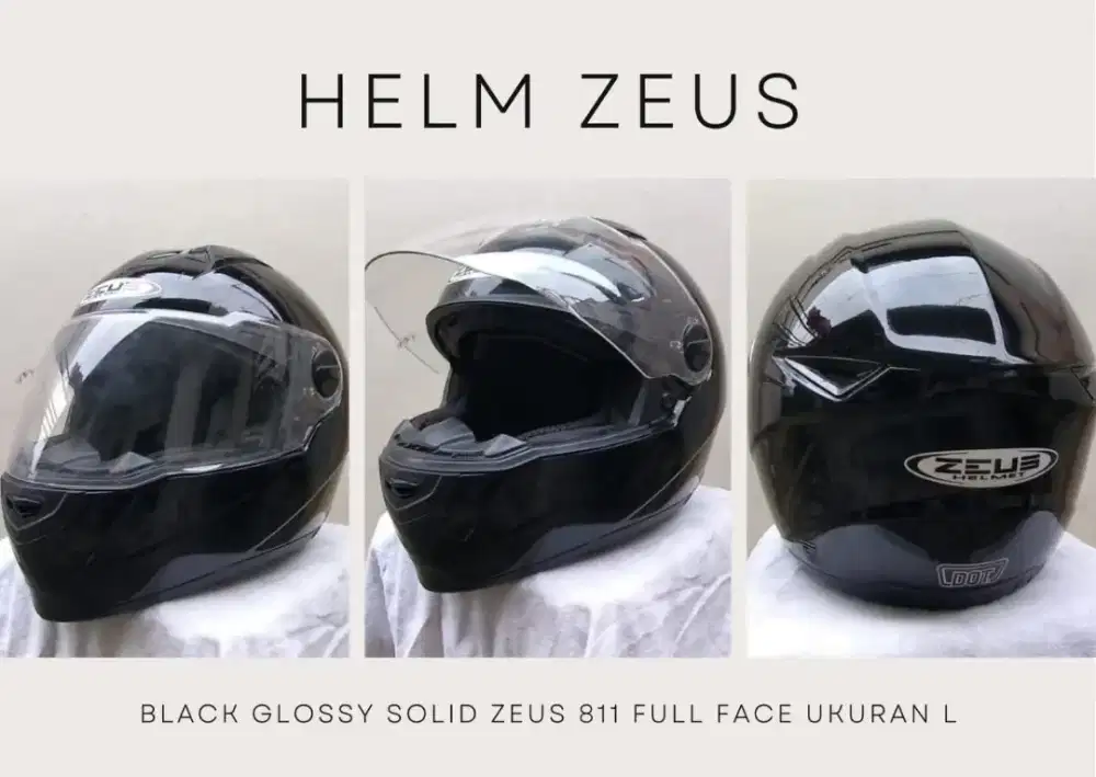 Helm full face ZEUS Z811 black glossy solid, ukuran L