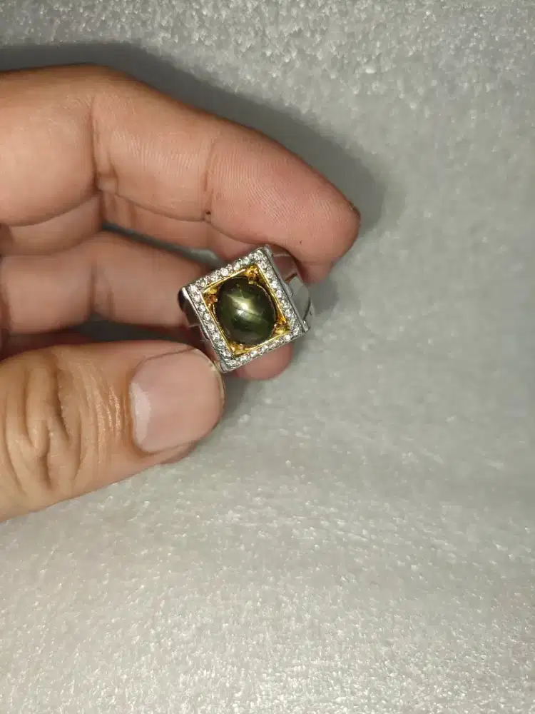 Cincin Eropa Pria Emas Batu Green Sapphire Star Safir hijau bintang 31