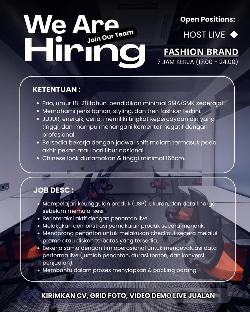 DIBUTUHKAN HOST LIVE PRIA FASHION BRAND SHIFT MALAM