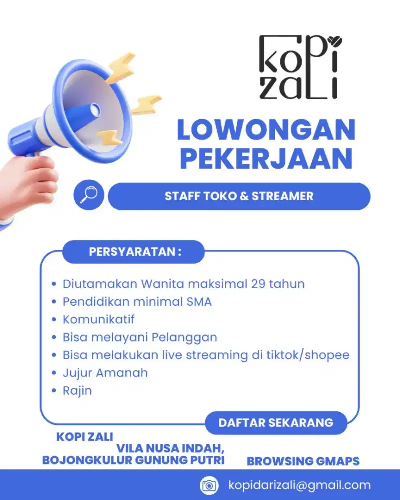 Dibutuhkan staff toko di Kopi Zali
