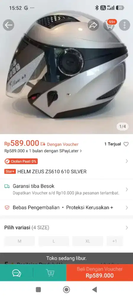 Preloved Helm Zeus Half Face 610 Silver XXL.