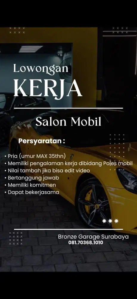 Lowongan kerja salon mobil dan coating
